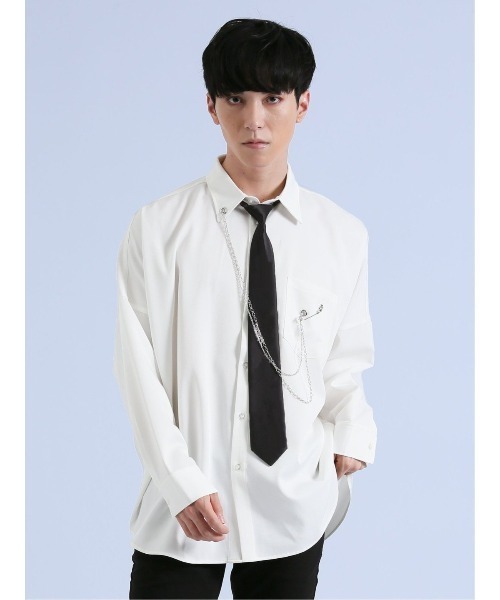 semantic design（セマンティックデザイン）の「【ストレッチ】セマンティックデザイン×PSYCHONATION タイ付きチェーン 長袖シャツ（シャツ/ブラウス・メンズ・ブラック/ホワイト/ホワイト×ブラック・MEDIUM/LARGE）」の2枚目の写真