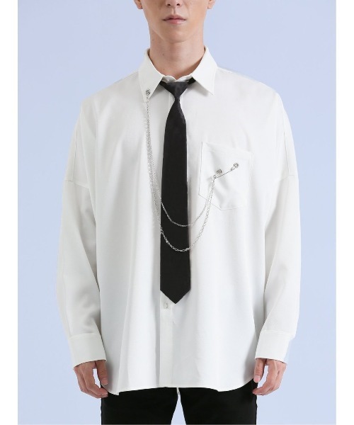 semantic design（セマンティックデザイン）の「【ストレッチ】セマンティックデザイン×PSYCHONATION タイ付きチェーン 長袖シャツ（シャツ/ブラウス・メンズ・ブラック/ホワイト/ホワイト×ブラック・MEDIUM/LARGE）」の7枚目の写真