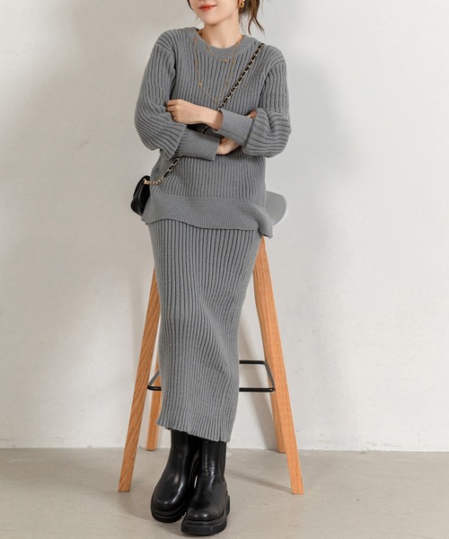 DAY CLOSET（デイ クローゼット）の「【セットアップ】 秋冬すっきりシルエット。長袖リブニットセータートップス+スカート 上下2点セット レディース（セットアップ・レディース・グレー/キナリ/ブラック・FREE）」の16枚目の写真