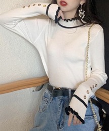 袖口ボタン フリルネックトップス