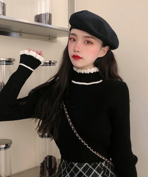 SHEPP(シープ)の「袖口ボタン フリルネックトップス(ニット/セーター・レディース・ホワイト/ブラック・FREE)」の8枚目の写真