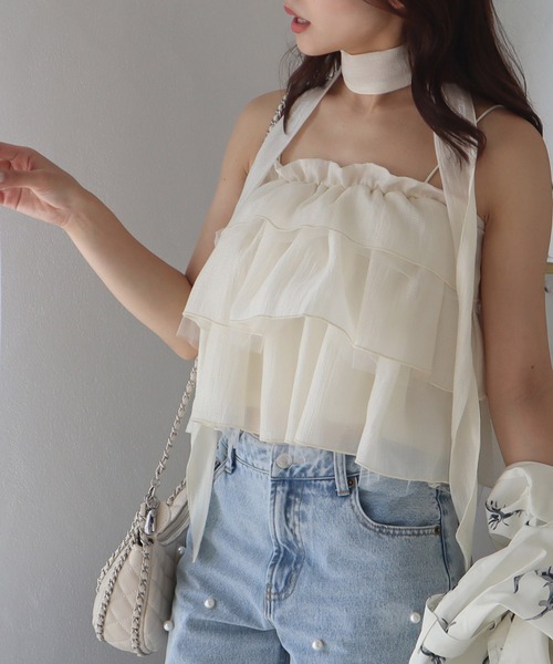 ROYAL PARTY(ロイヤルパーティー)の「ストール付ティアードフリルキャミトップス(Tシャツ/カットソー・レディース・イエロー/オフホワイト/ブラック・FREE)」の2枚目の写真