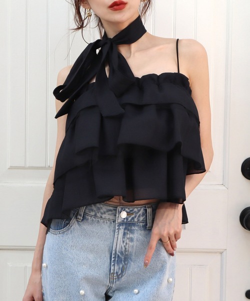 ROYAL PARTY(ロイヤルパーティー)の「ストール付ティアードフリルキャミトップス(Tシャツ/カットソー・レディース・イエロー/オフホワイト/ブラック・FREE)」の3枚目の写真