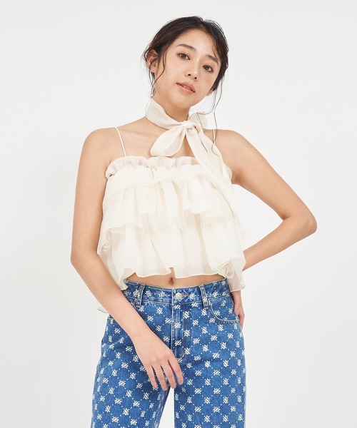 ROYAL PARTY(ロイヤルパーティー)の「ストール付ティアードフリルキャミトップス(Tシャツ/カットソー・レディース・イエロー/オフホワイト/ブラック・FREE)」の11枚目の写真