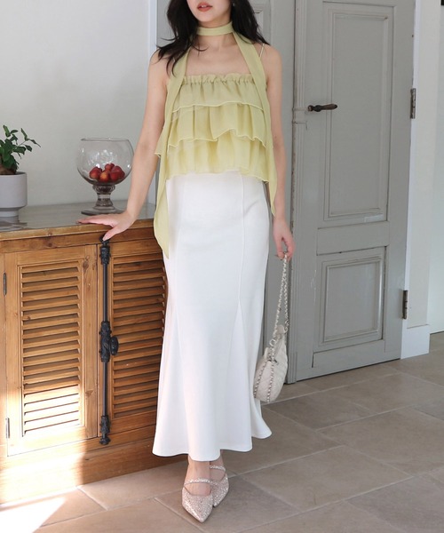 ROYAL PARTY(ロイヤルパーティー)の「ストール付ティアードフリルキャミトップス(Tシャツ/カットソー・レディース・イエロー/オフホワイト/ブラック・FREE)」の5枚目の写真