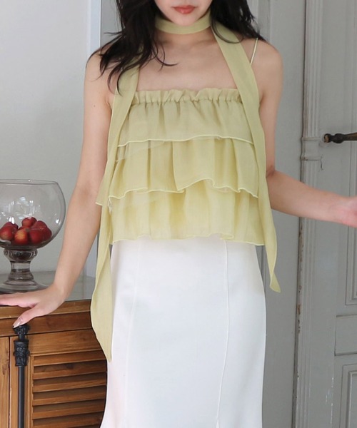 ROYAL PARTY(ロイヤルパーティー)の「ストール付ティアードフリルキャミトップス(Tシャツ/カットソー・レディース・イエロー/オフホワイト/ブラック・FREE)」の6枚目の写真