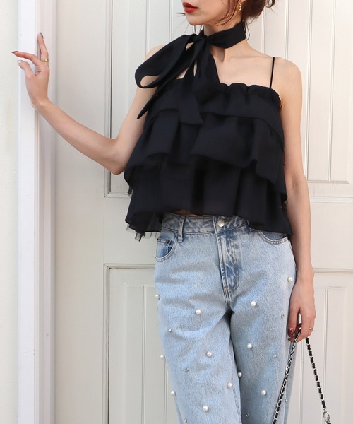 ROYAL PARTY(ロイヤルパーティー)の「ストール付ティアードフリルキャミトップス(Tシャツ/カットソー・レディース・イエロー/オフホワイト/ブラック・FREE)」の20枚目の写真