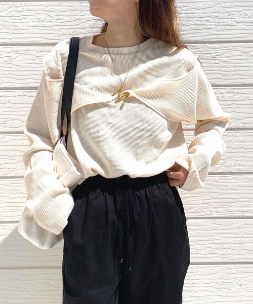 Q(キュー)の「マルチwayワッフルロンT(Tシャツ/カットソー・レディース・チャコールグレー/アイボリー・MEDIUM)」の13枚目の写真