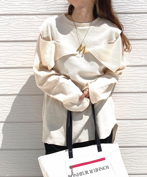 Q(キュー)の「マルチwayワッフルロンT(Tシャツ/カットソー・レディース・チャコールグレー/アイボリー・MEDIUM)」の14枚目の写真