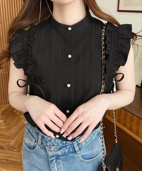 セール】ドビーストライプドロストフリルブラウス（シャツ