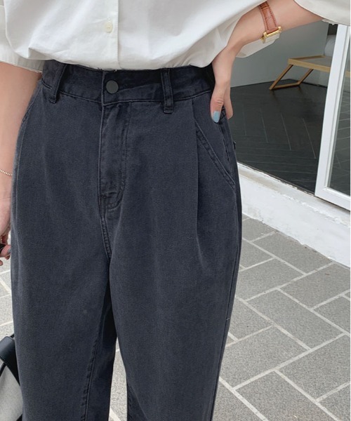 セール】ストレート バギー ワンタック ブラック デニム（デニム