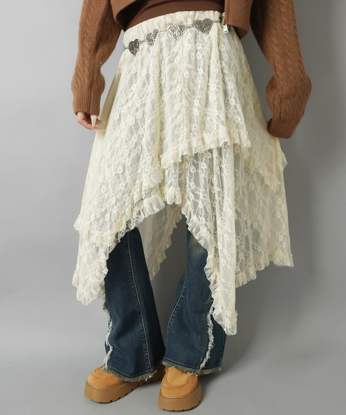 デニムと合わせて可愛い♪ イレヘムレースロングスカート（スカート
