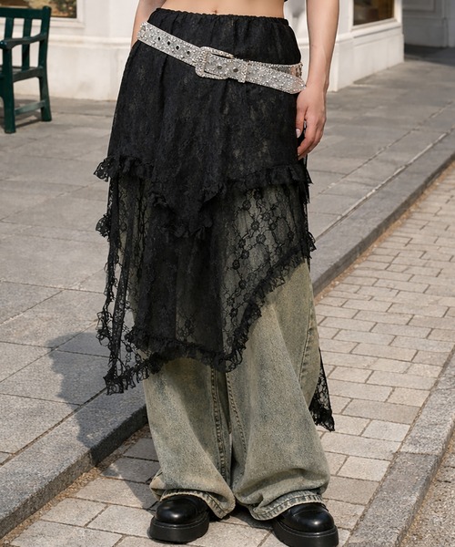 SPINNS（スピンズ）の「デニムと合わせて可愛い♪ イレヘムレースロングスカート（スカート・レディース・ホワイト/ブラック/アイボリー・ONESIZE）」の3枚目の写真