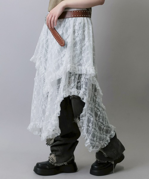 SPINNS（スピンズ）の「デニムと合わせて可愛い♪ イレヘムレースロングスカート（スカート・レディース・ホワイト/ブラック/アイボリー・ONESIZE）」の6枚目の写真