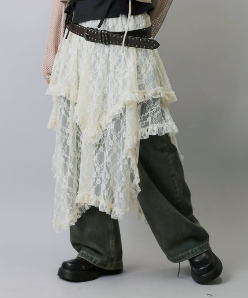 SPINNS（スピンズ）の「デニムと合わせて可愛い♪ イレヘムレースロングスカート（スカート・レディース・ホワイト/ブラック/アイボリー・ONESIZE）」の9枚目の写真