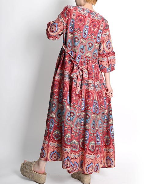 セール】ペイズリー総柄 刺繍 6分袖 マキシフレアワンピース