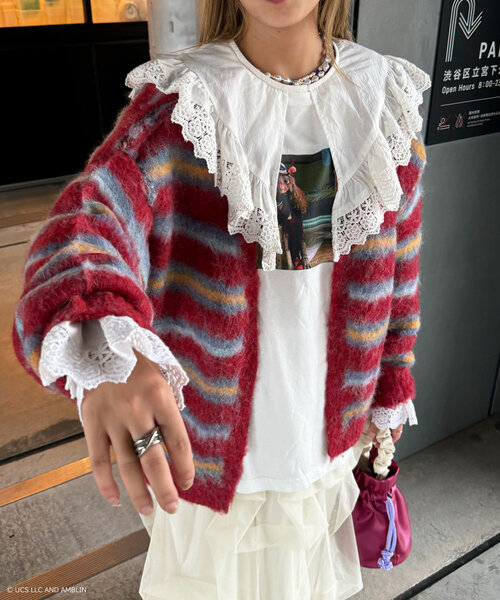 CIAOPANIC（チャオパニック）の「肩スリットボーダーカーディガン（カーディガン/ボレロ・レディース・レッド/ベージュ/オフホワイト/グレー/ブラック・ONE SIZE）」の5枚目の写真