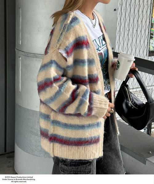 CIAOPANIC（チャオパニック）の「肩スリットボーダーカーディガン（カーディガン/ボレロ・レディース・レッド/ベージュ/オフホワイト/グレー/ブラック・ONE SIZE）」の10枚目の写真