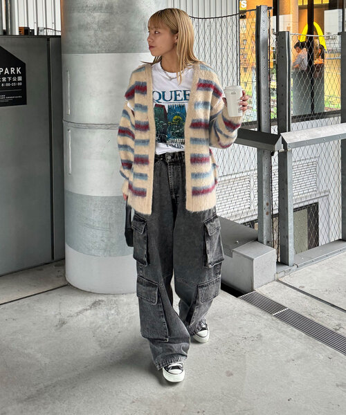 CIAOPANIC（チャオパニック）の「肩スリットボーダーカーディガン（カーディガン/ボレロ・レディース・レッド/ベージュ/オフホワイト/グレー/ブラック・ONE SIZE）」の12枚目の写真