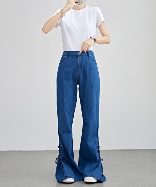 セール】ハイウエスト サイド リボン フレア デニム パンツ（デニム