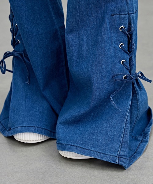 セール】ハイウエスト サイド リボン フレア デニム パンツ（デニム