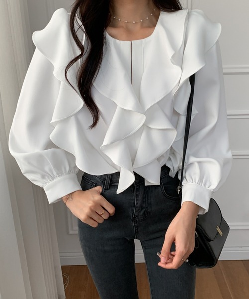 ECLIN（エクラン）の「キーネックフリルブラウス（シャツ/ブラウス・レディース・ホワイト/ブラック/グレー・M/L/XL）」の15枚目の写真