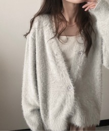 シャギーVネック前ボタンオフショルカーデ