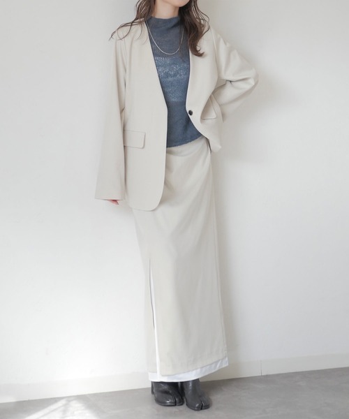 Reurie'（レウリィ）の「オリジナルサイドギャザーロングスリットスカート／original side gather long slit skirt ロング丈 Iライン タイト きれいめ 大人カジュアル レディライク シンプル オフィスカジュアルブラウン 茶 グレー ブラック 黒（スカート・レディース・グレー/ブラック/ブラウン・FREE）」の4枚目の写真