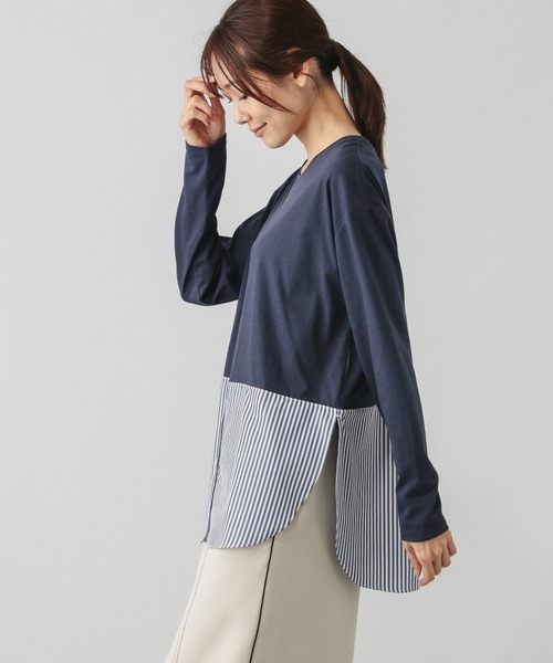 GLOBAL WORK(グローバルワーク)の「ヘビロッT布帛切り替え長袖/115486(Tシャツ/カットソー・レディース・ホワイト系その他5/ブラック/ホワイト系その他6/ネイビー・FREE)」の1枚目の写真
