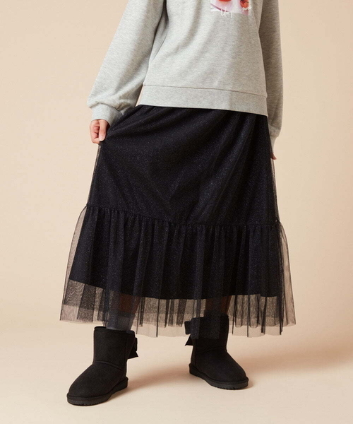 a.v.v（アーヴェヴェ）の「[140-150]ラメチュールティアードロングスカート（スカート・キッズ・アイボリー/ブラック・150/140）」の2枚目の写真