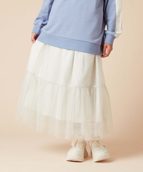 a.v.v（アーヴェヴェ）の「[140-150]ラメチュールティアードロングスカート（スカート・キッズ・アイボリー/ブラック・150/140）」の3枚目の写真