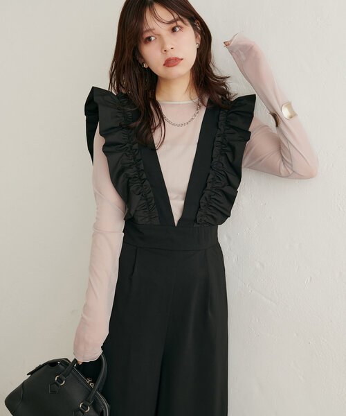 natural couture(ナチュラルクチュール)の「【WEB限定】異素材フリルVネックサロペ(その他パンツ・レディース・ブラウン/グレイッシュベージュ/ブラック・LARGE/MEDIUM)」の9枚目の写真