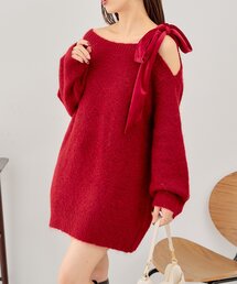 ベロアリボンワンショルシャギーミニワンピース