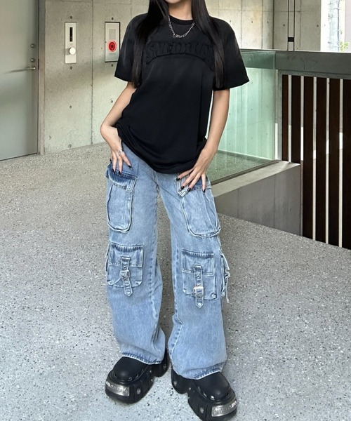 Courreges【関税送料込】ダブルベルトデニムパンツ KsG ジーンズ デニム デニムパンツ ベルトデザインカーゴパンツ