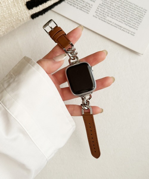 Bellezza Calma(ベレッツァカルマ)の「Leather Chain Band for Apple Watch バンド ベルト 本革 チェーン 異素材 41/40/38/42(S10)mm(デジタル腕時計・レディース・ブラック/グレイッシュベージュ/ブラウン・ONE SIZE)」の9枚目の写真