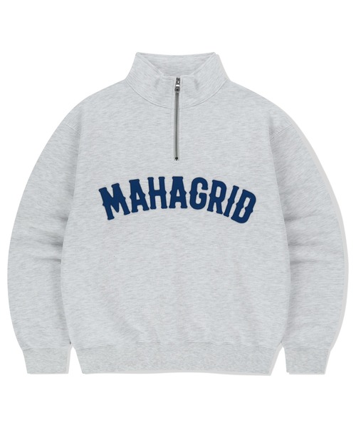 MAHAGRID(マハグリッド)の「『mahagrid/マハグリッド』 ARCH LOGO APPLIQUE HALF ZIP-UP SWEATSHIRT/アーチロゴアプリケーハーフZIPUPスウェット(スウェット・レディース・ライトグレー/ネイビー/パープル・M/L)」の1枚目の写真