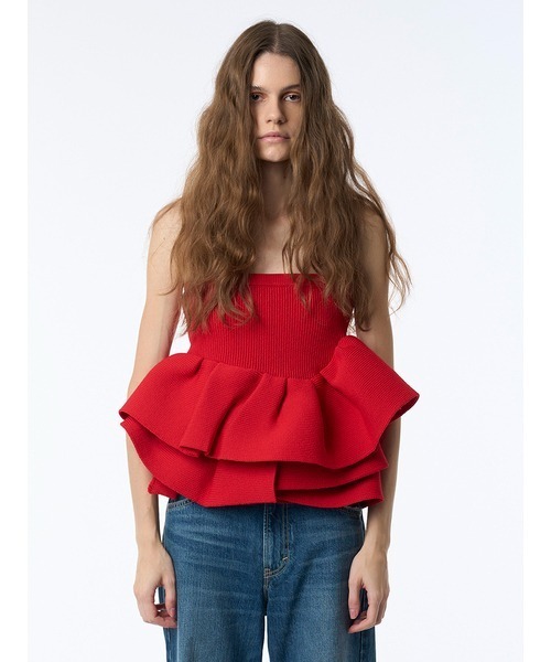 styling/（スタイリング）の「ラッフルニットベアトップ（ニット/セーター・レディース・ブラック/レッド/ベージュ/ブラウン/チャコールグレー/カーキ・FREE/F）」の6枚目の写真