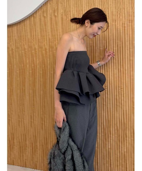 削除ありstyling ラッフルニットベアトップ　グレー ラッフルニットベアトップ（ニット/セーター）｜styling