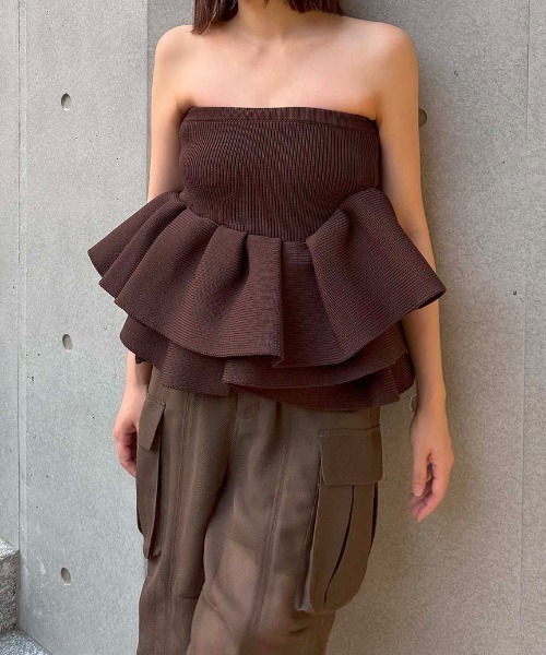 styling/ラッフルニットベアトップ　ベージュ ラッフルニットベアトップ(ニット/カーディガン)｜トップス