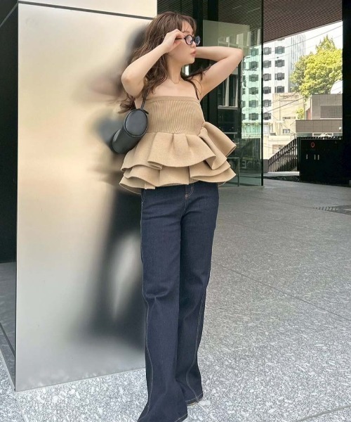styling/ラッフルニットベアトップ　ベージュ ラッフルニットベアトップ(ニット/カーディガン)｜トップス