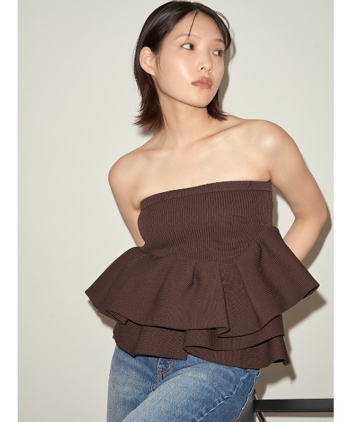 styling/ラッフルニットベアトップベージュ ラッフルニットベアトップ(ニット/カーディガン)｜トップス│styling