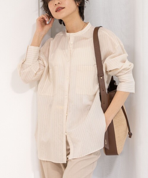 美品】ジルサンダー バンドカラー ノーカラーストライプシャツ 【公式