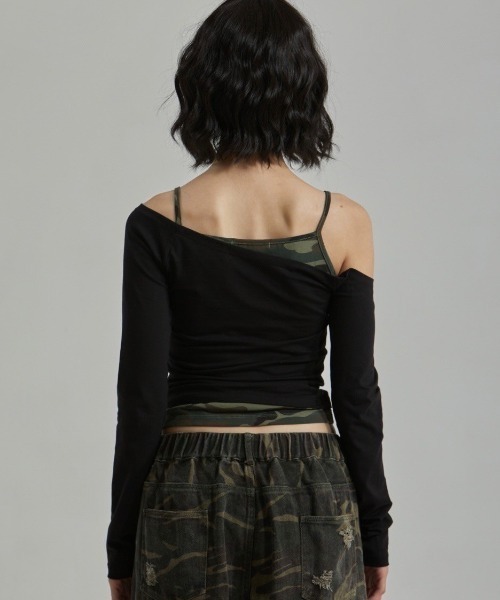 セール】【GATELESS】CAMOUFLAGE LAYERED ONE SHOULDER T-SHIRT