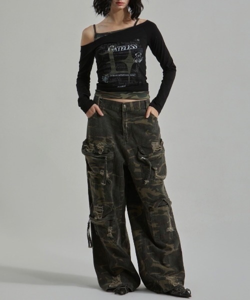 tシャツ 「GATELESS」CAMOUFLAGE LAYERED ONE SHOULDER T-SHIRT レディース セール】【GATELESS】CAMOUFLAGE LAYERED ONE SHOULDER T-SHIRT