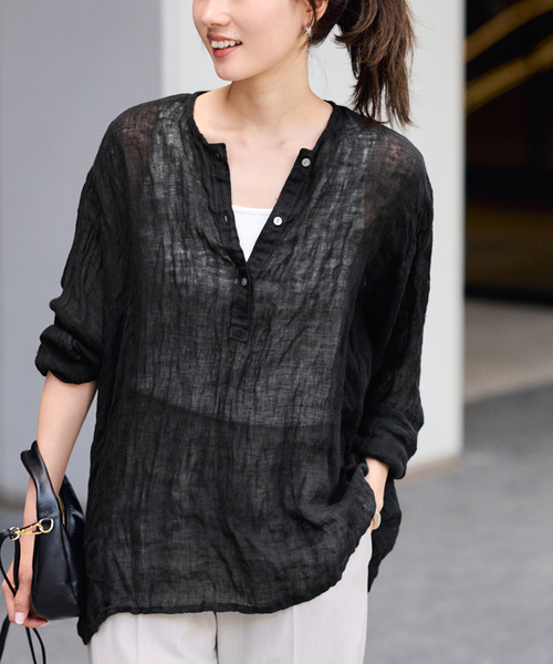 LINENクレープヘンリーネックブラウス（シャツ/ブラウス）｜FRAMeWORK