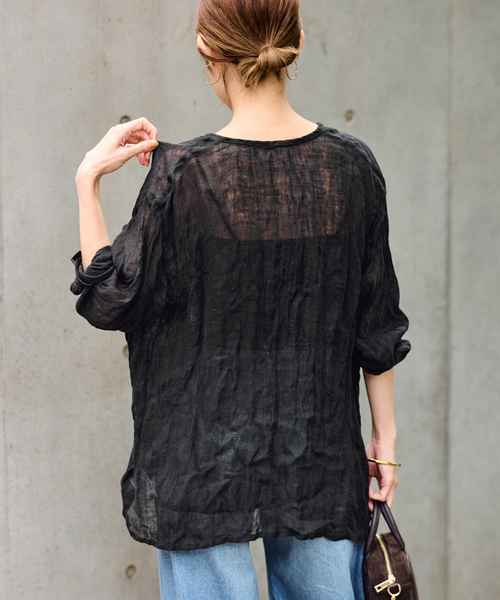 LINENクレープヘンリーネックブラウス（シャツ/ブラウス