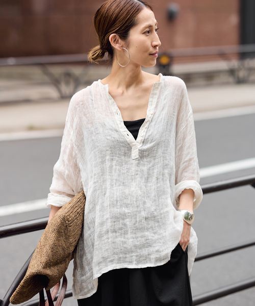 LINENクレープヘンリーネックブラウス　　　P i anca1111です LINENクレープヘンリーネックブラウス（シャツ/ブラウス