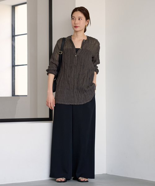 ≪追加≫LINENクレープヘンリーネックブラウス 2（シャツ
