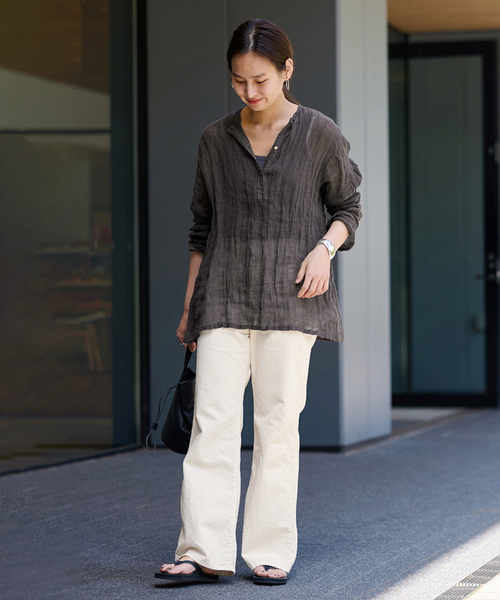 LINENクレープヘンリーネックブラウス（シャツ/ブラウス