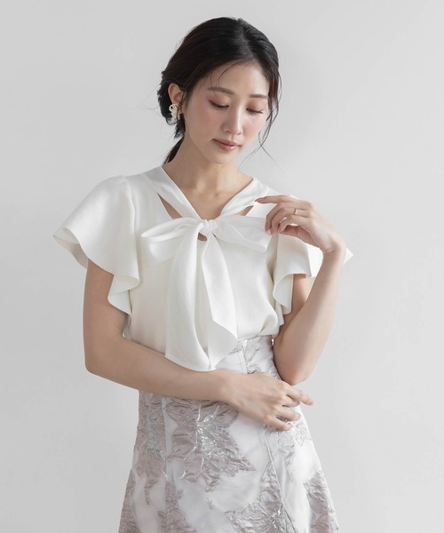 RANDA（ランダ）の「ボウタイリボンニットトップス（ニット/セーター・レディース・ホワイト/ライム/ブラック・FREE）」の2枚目の写真